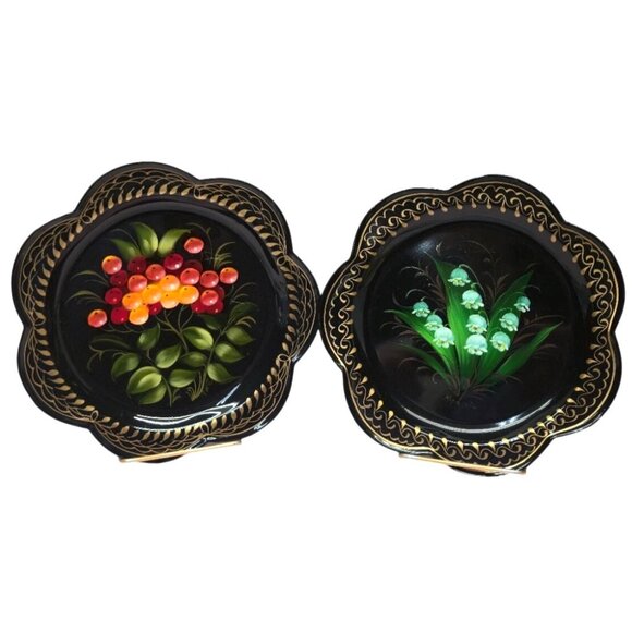 Russian Zhostovo ToleWare art Plate set Flowers Colorful Gold SIGNED folk art - Picture 1 of 11